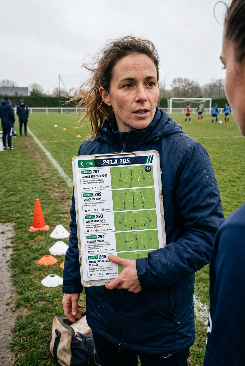 Entraîneuse utilisant une fiche tactique au bord du terrain