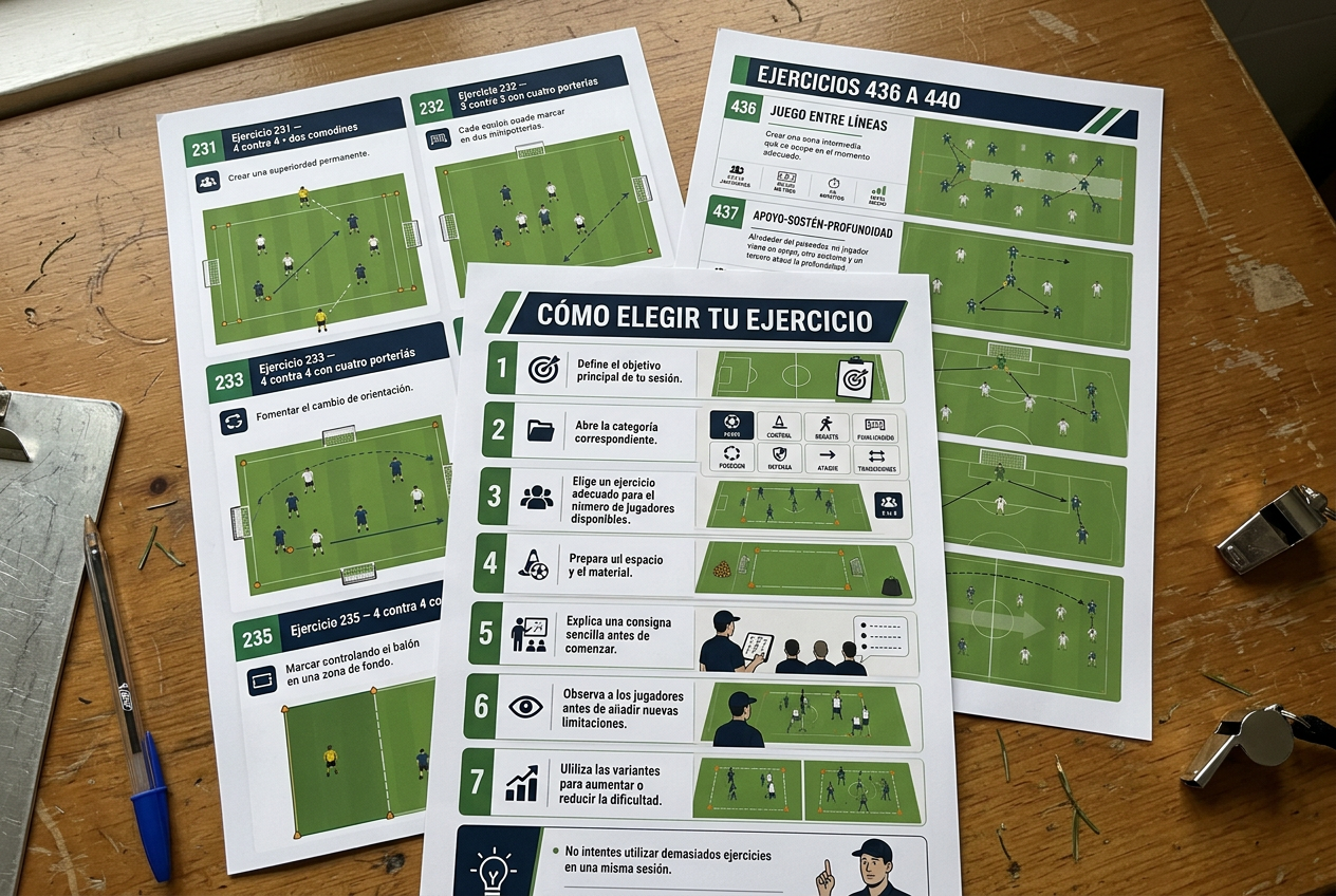 Trois fiches des exercices de football imprimées sur une table de club