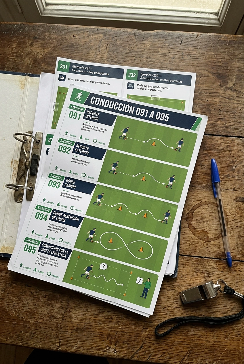 Fiches des exercices de football imprimées dans un classeur